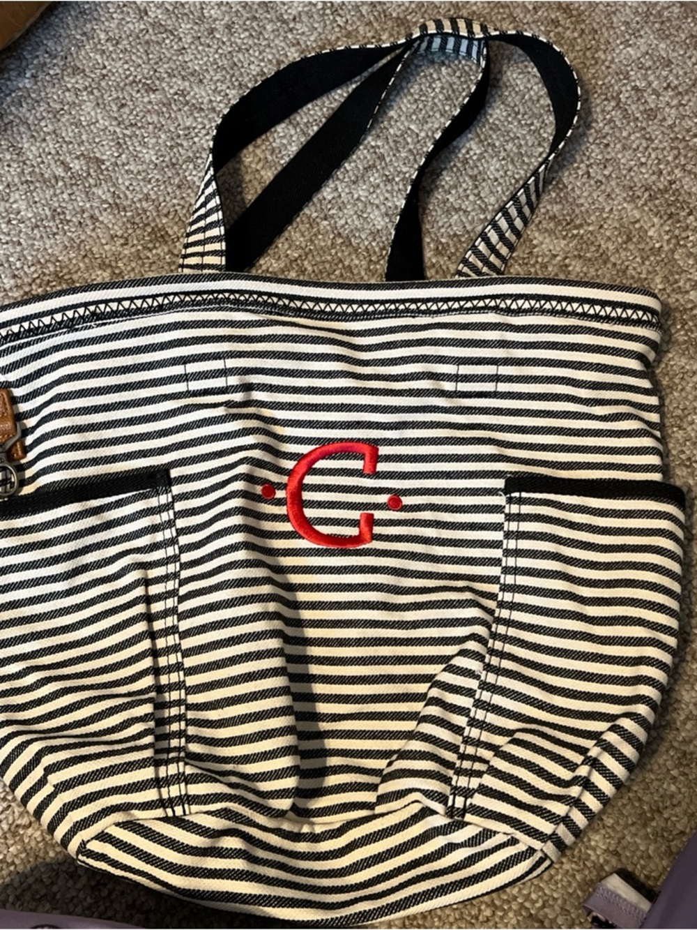 Thirty One Retro Metro Bag     Striped Canvas Tote Bag with Red Monogram